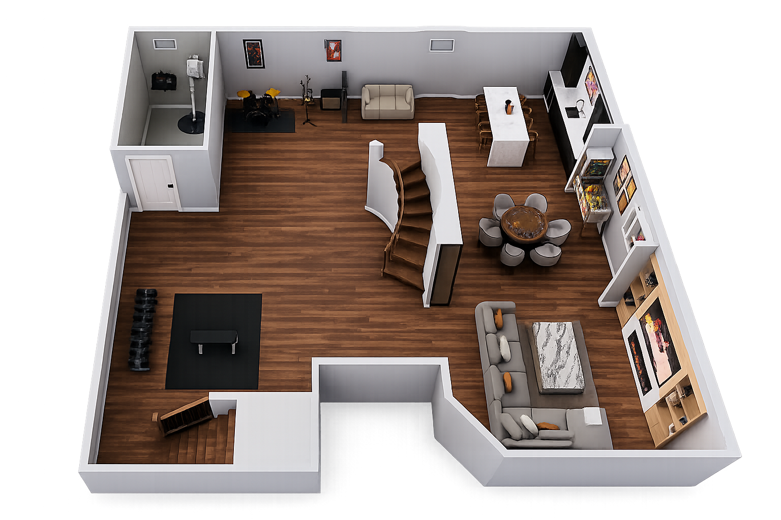 Finished basement remodeling floor plan with mechanical room and sump pump by All Pro Basement Waterproofing