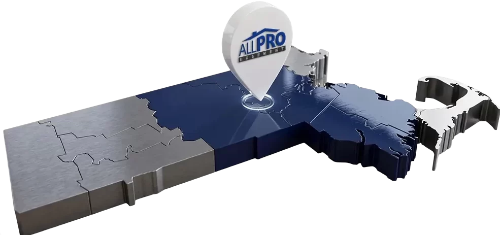 3D map of Massachusetts showing the All Pro Basement Waterproofing service area from Hopkinton across Middlesex and Worcester counties